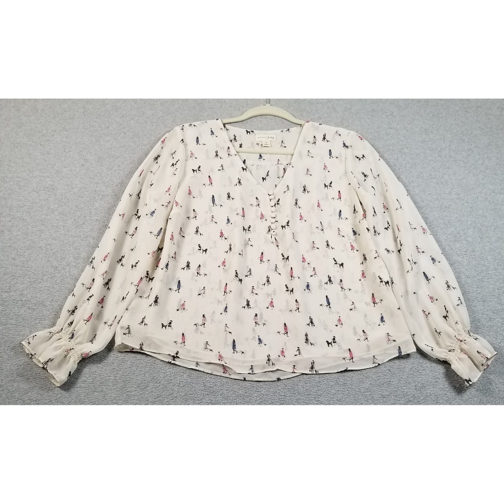Maison Jules Blouse Womens M Medium Lady Walking Dog Long Sleeve Sheer Artsy Top